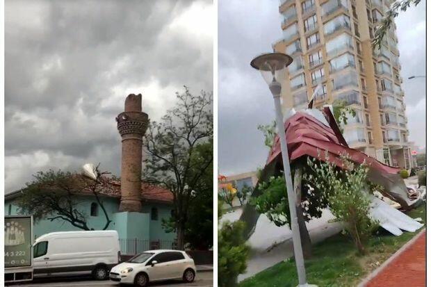 Ankarada fırtına: Məscidlərin minarələri dağıldı - VİDEO